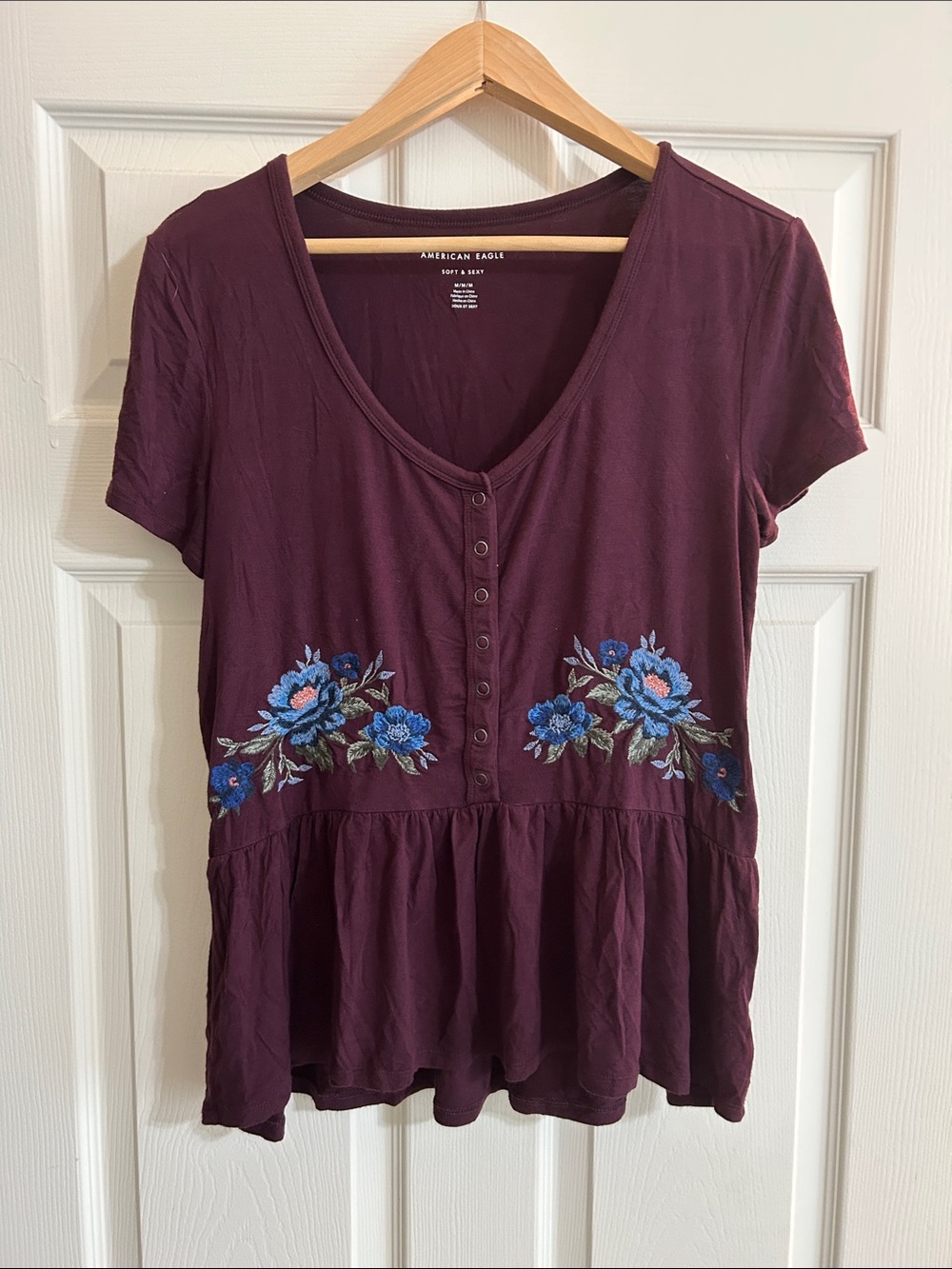 American Eagle Outfitters Plum Floral Embroidered Peplum Top